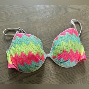 Y2K Victoria's Secret 36DD push up bra bikini top neon pink, lime green chevron